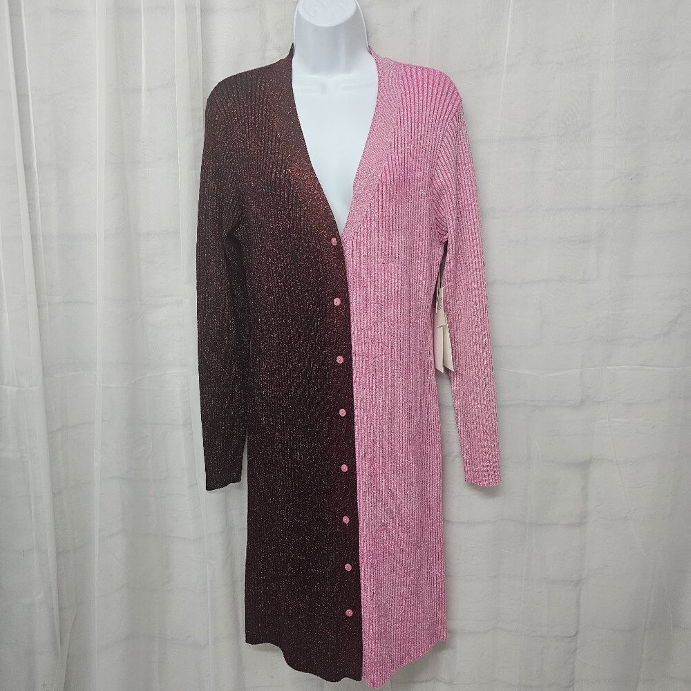 Cocobleu Cardigan Dress Pink Burgundy Metallic Ribbed Knit Colorblock L NWT